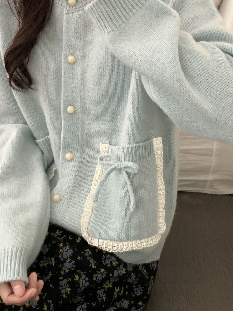 Contrasting Pockets with Bows Cardigan