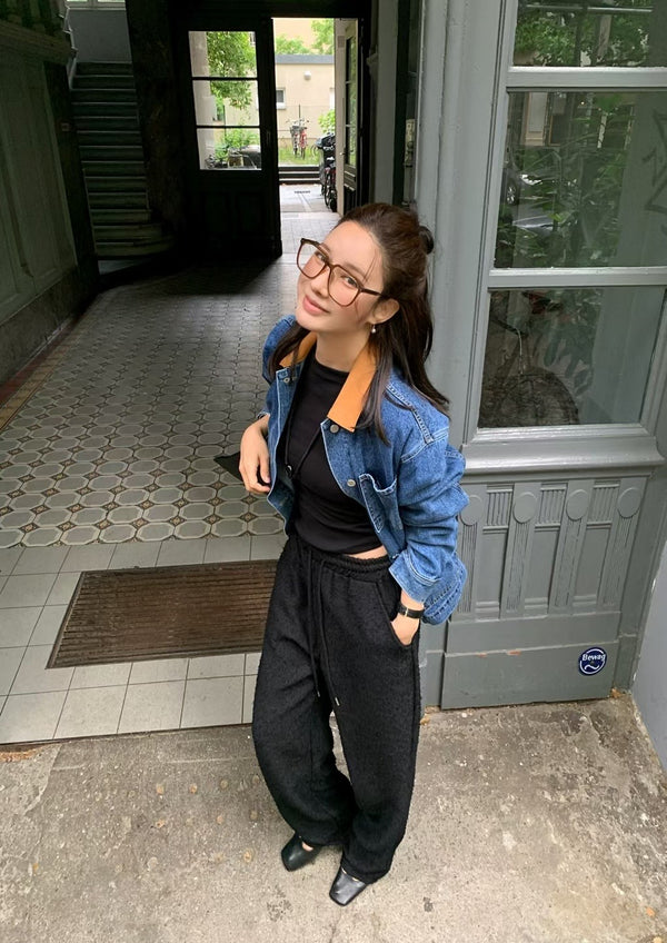 Oversized Denim Workwear Jacket with Brown Collar