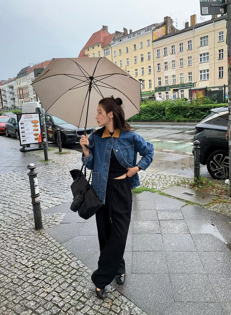 Oversized Denim Workwear Jacket with Brown Collar