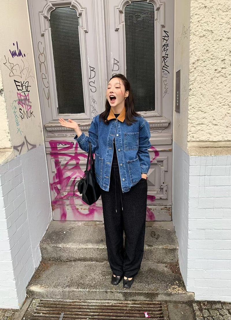 Oversized Denim Workwear Jacket with Brown Collar