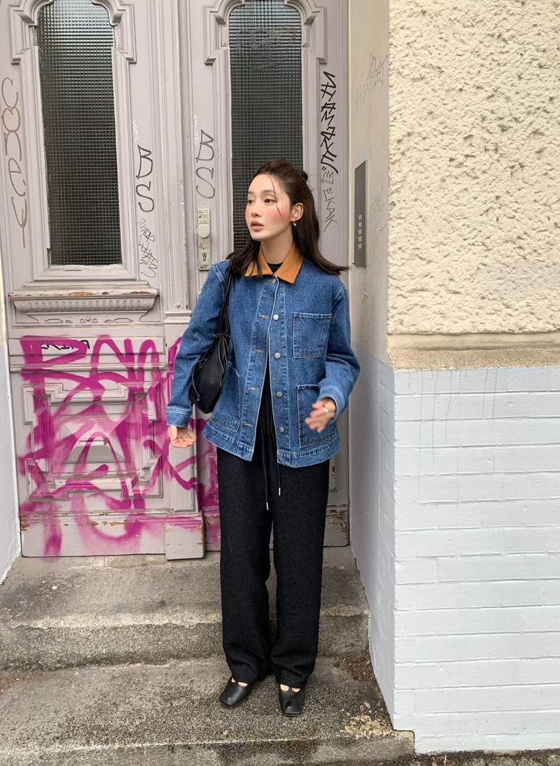 Oversized Denim Workwear Jacket with Brown Collar