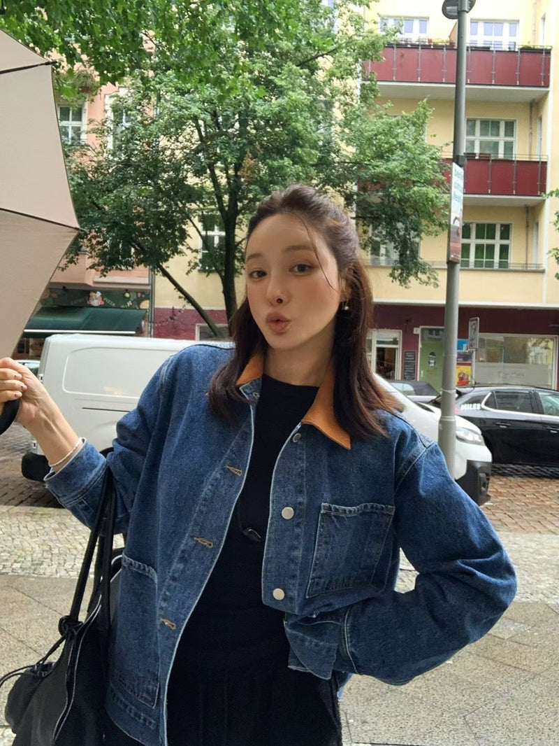 Oversized Denim Workwear Jacket with Brown Collar