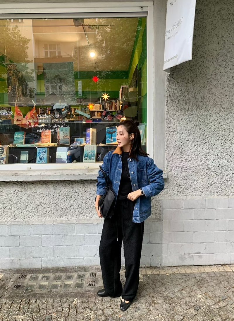 Oversized Denim Workwear Jacket with Brown Collar