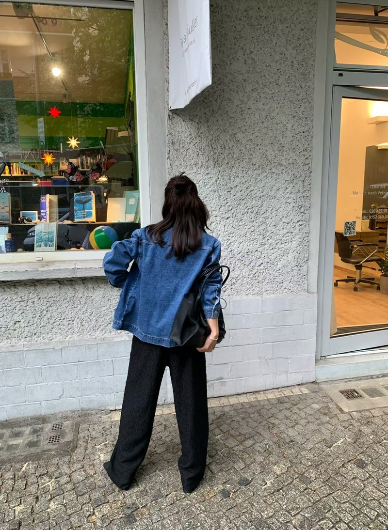 Oversized Denim Workwear Jacket with Brown Collar