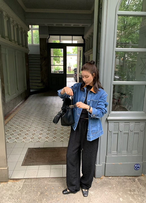 Oversized Denim Workwear Jacket with Brown Collar