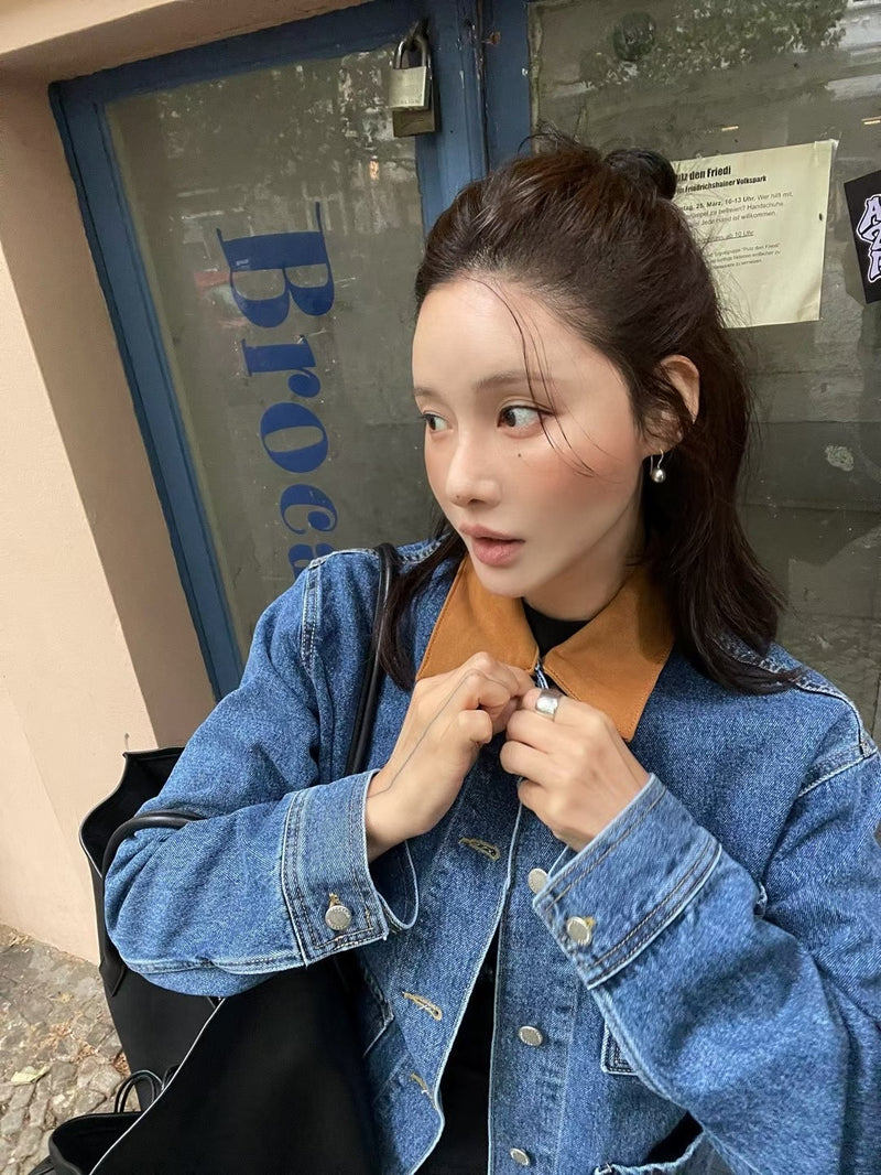 Oversized Denim Workwear Jacket with Brown Collar