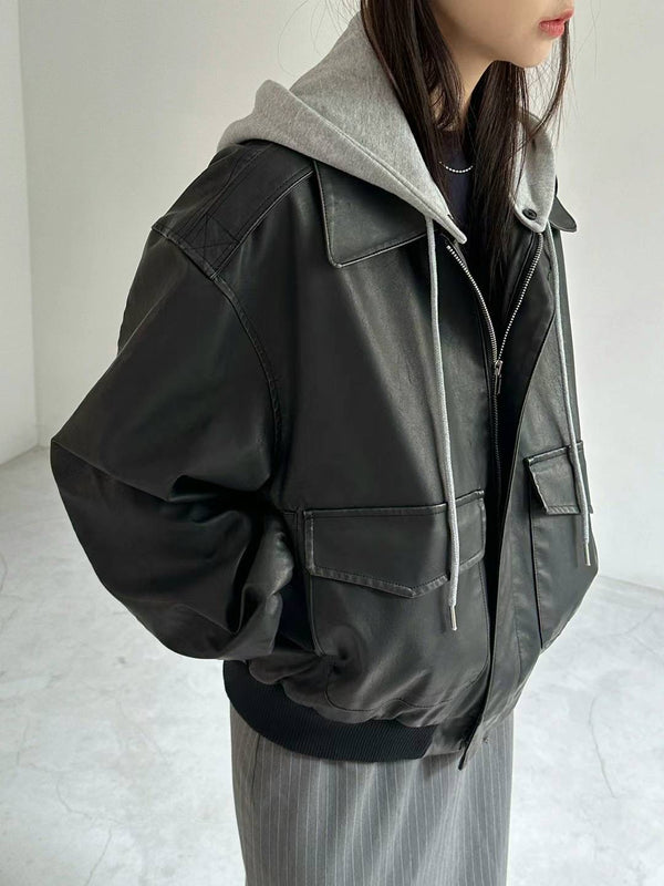 Oversized Leather Jacket with Detachable Hood