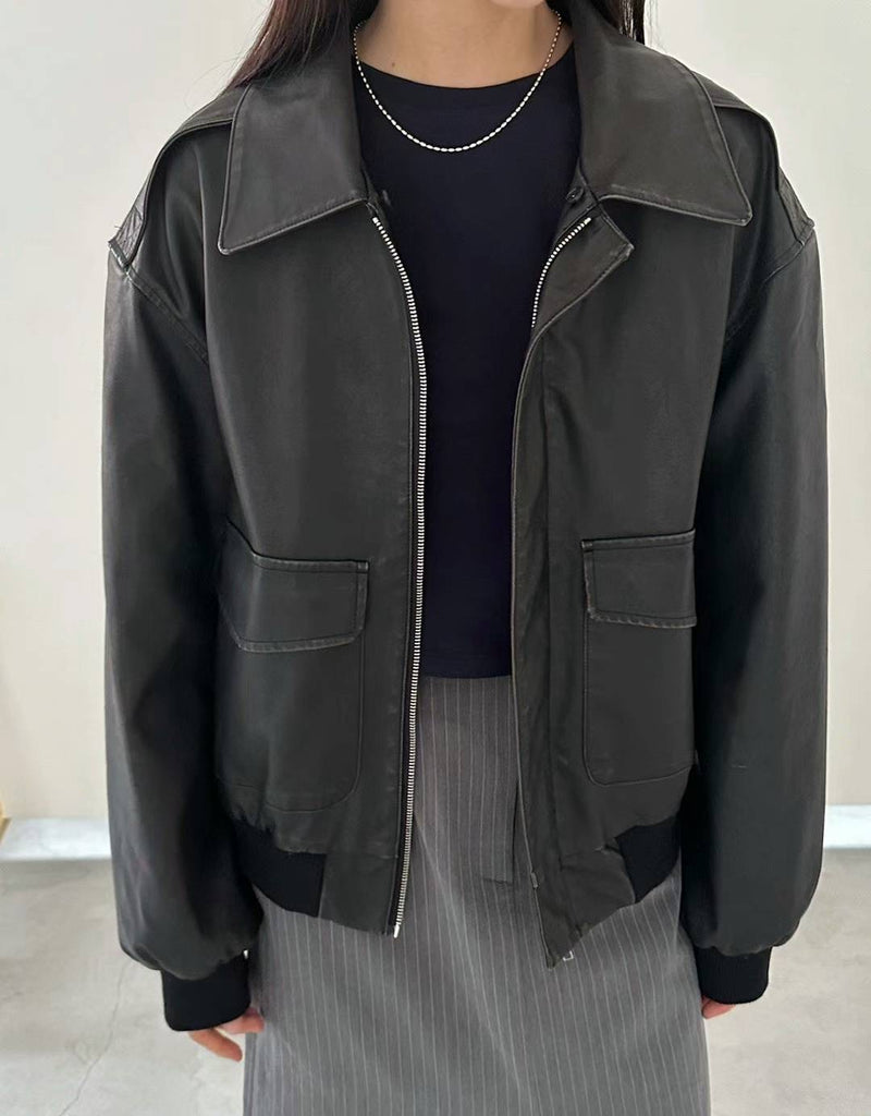 Oversized Leather Jacket with Detachable Hood