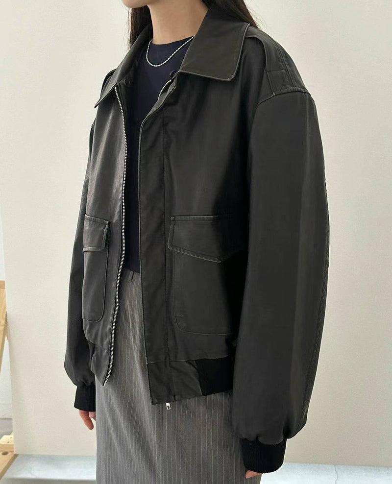 Oversized Leather Jacket with Detachable Hood