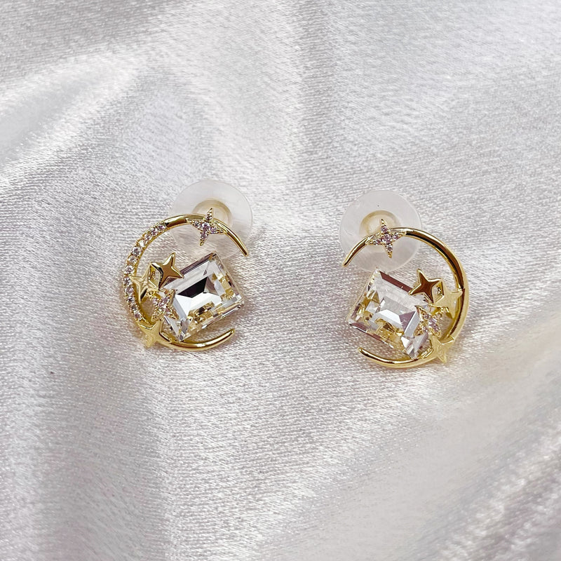 Square Rhinestone with Crescent and Stars Earrings