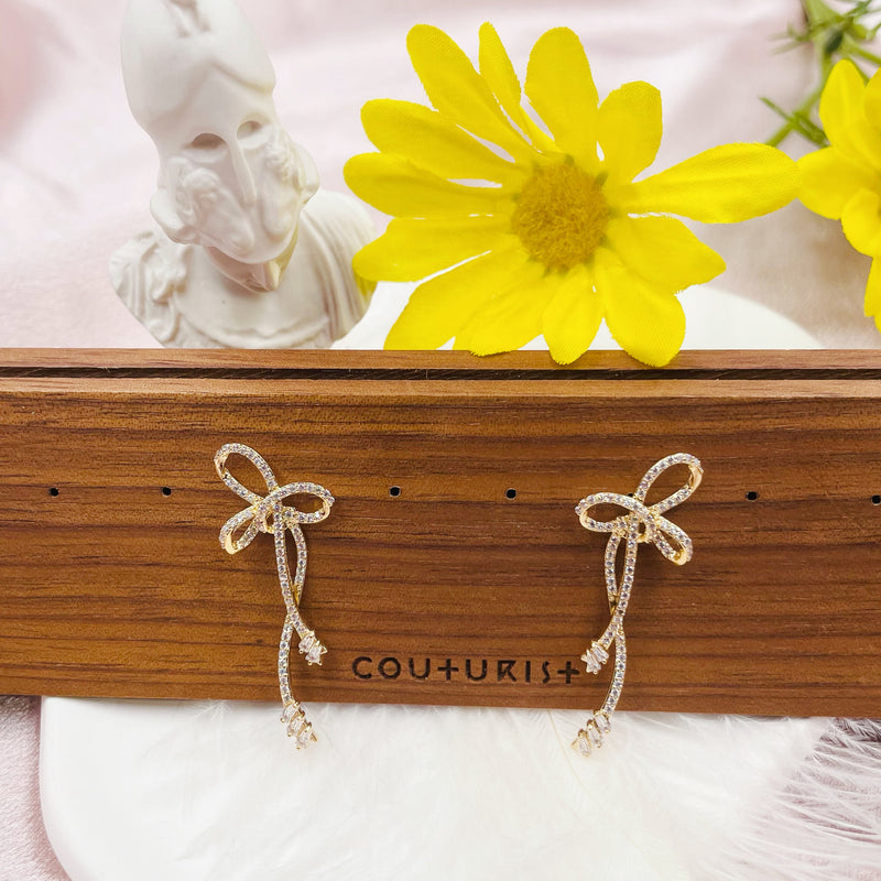 Asymmetrical Rhinestone Bow Long Earrings