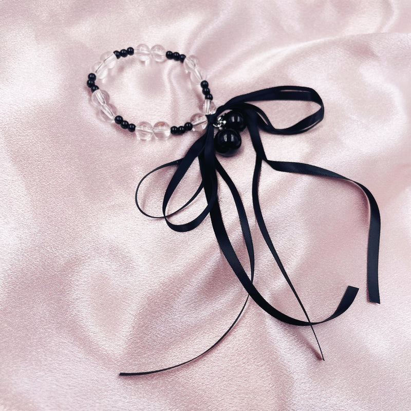 Long Ribbon Bow with Beads Hair Tie