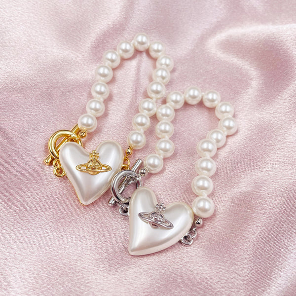 Pearl Heart with Planet Pearl Chain Bracelet