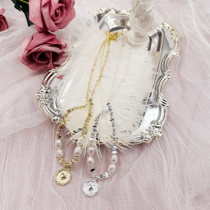 Heart Coin with Pearl and Chain Necklace
