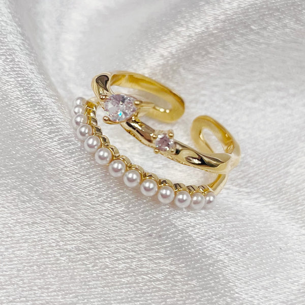 Two-layered Pearls and Rhinestones Open Ring