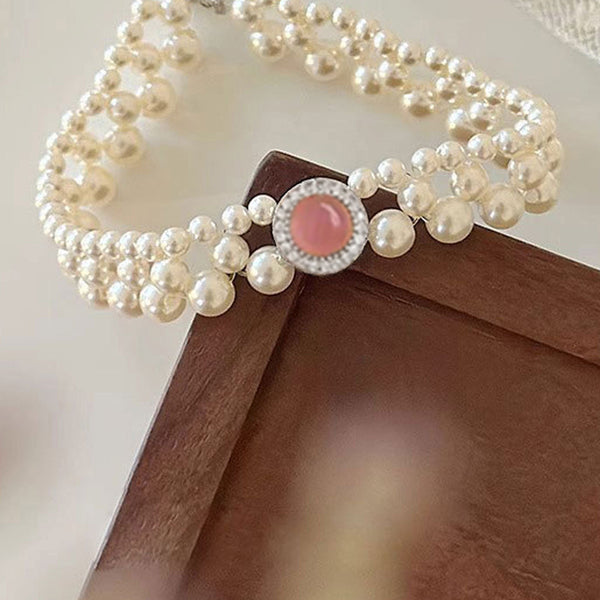 Pink Round Stone with Pearls Bracelet