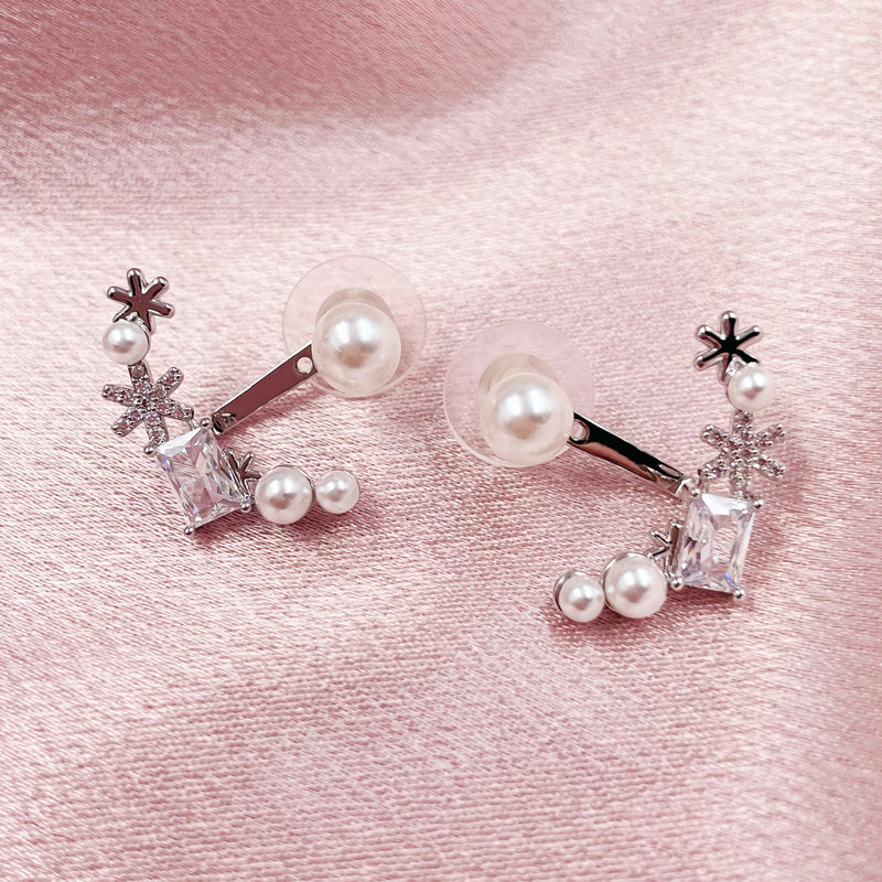 Pearl Studs with Square Rhinestone Backing Earrings