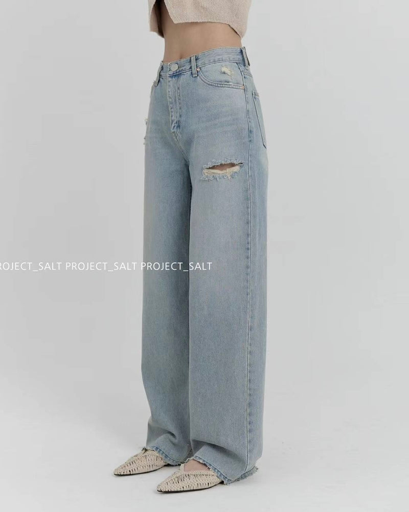 High-waisted Side Distresses Wide Leg Jeans