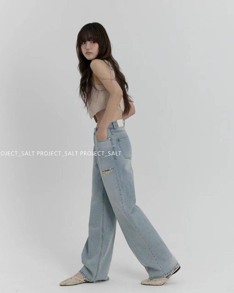 High-waisted Side Distresses Wide Leg Jeans