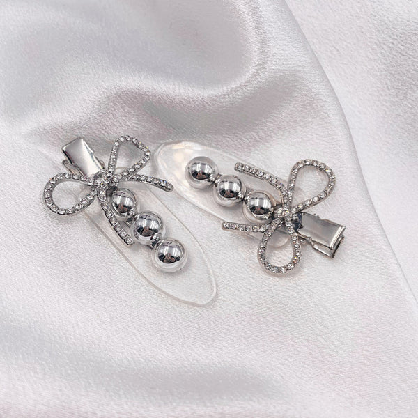 Rhinestone Bow with Metal Balls Hair Clip Set