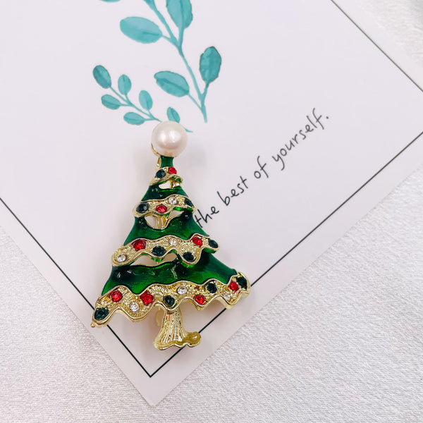 Christmas Tree Rhinestones and Pearl Brooch