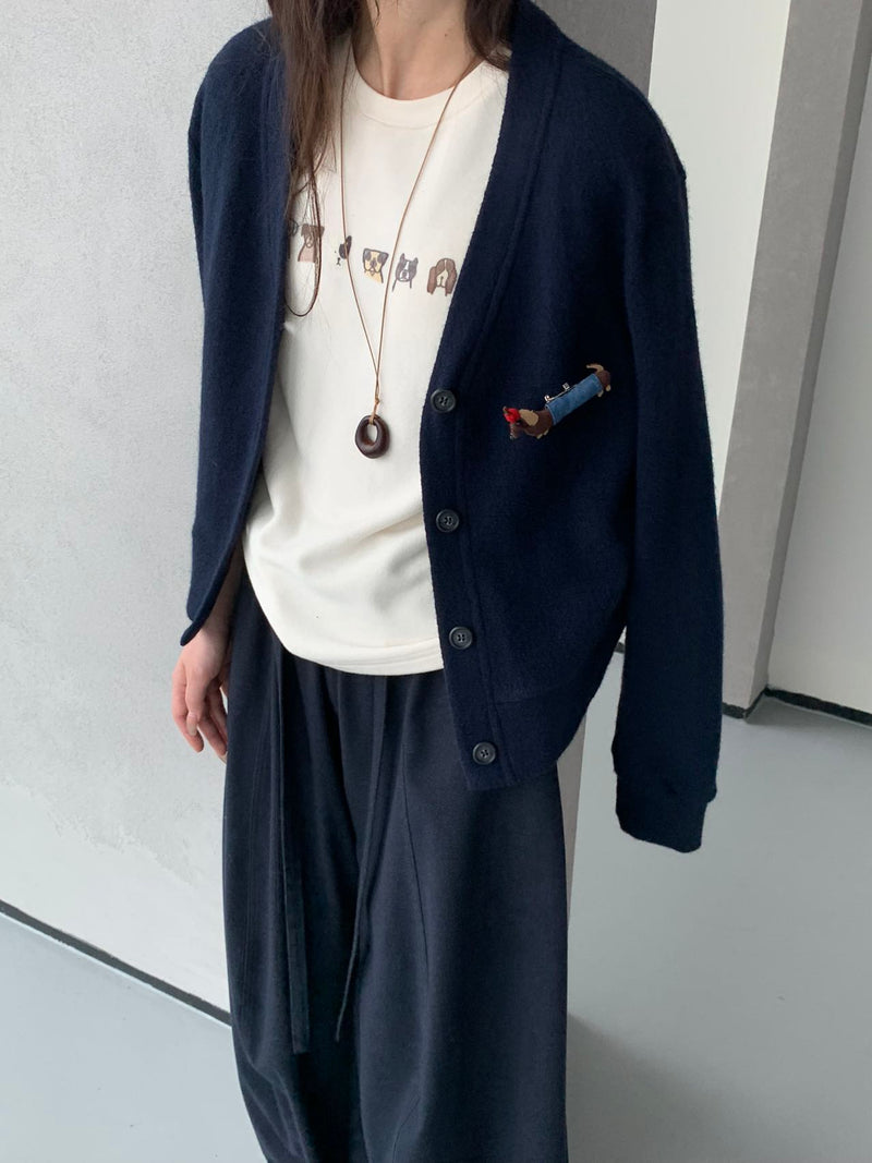 V-neck Cardigan with Dog Brooch