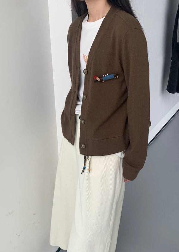 V-neck Cardigan with Dog Brooch