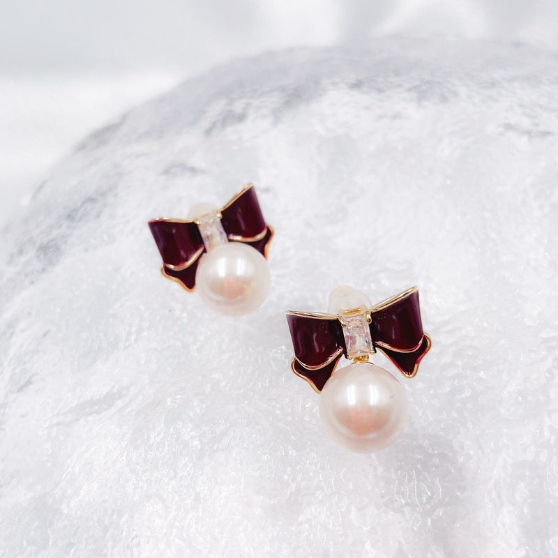 Red Bow with Pearl Earrings