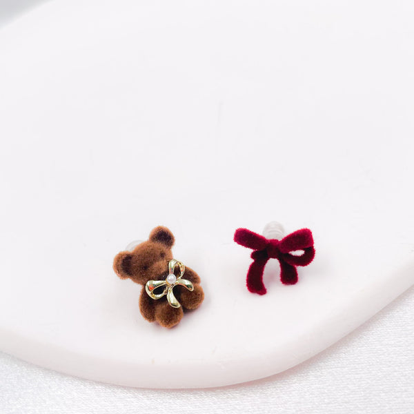 Velvet Bear and Bow Earrings