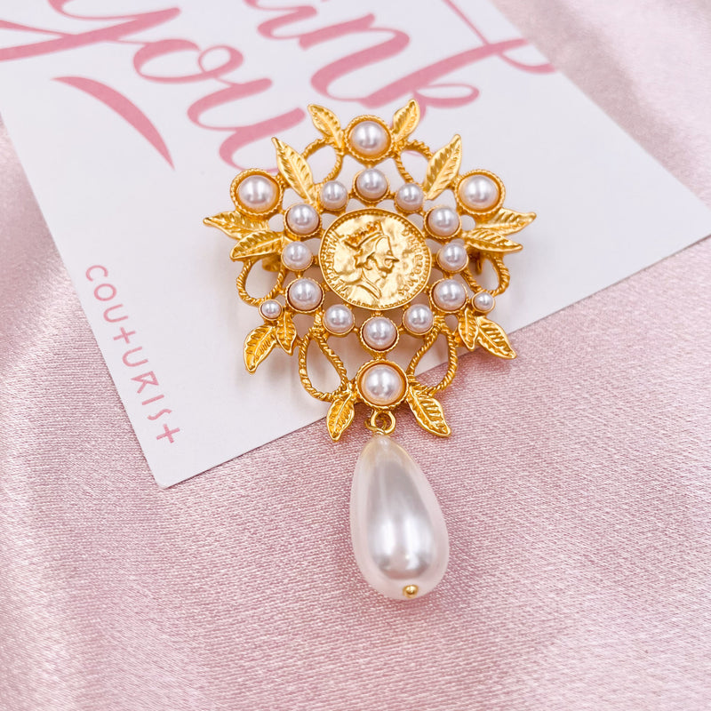 Coin with Pearl Drop Brooch