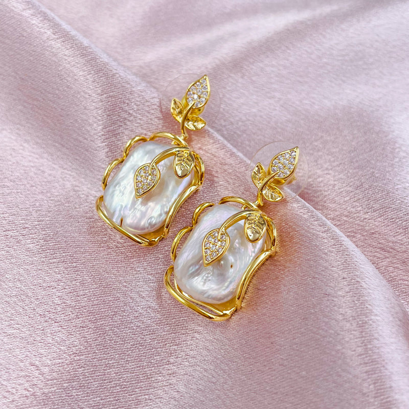 Rhinestone Leaves with Pearl Rectangle Earrings