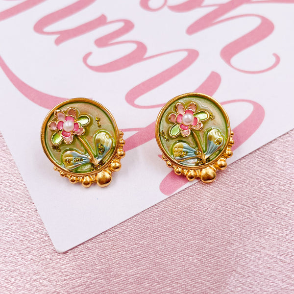 Pink and Green Lotus Enamel with Gold Edge Earrings