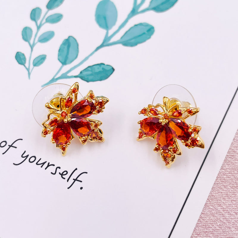 Red Rhinestones Maple Earrings