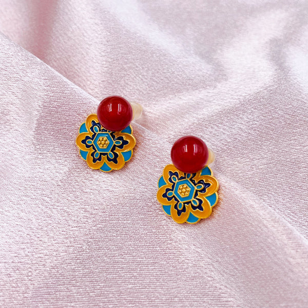 Blue and Yellow Enamel with Red Agate Earrings