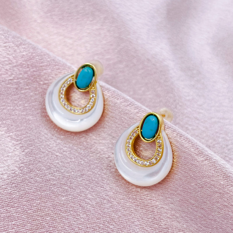 Turquoise with White Crescent Shell Earrings