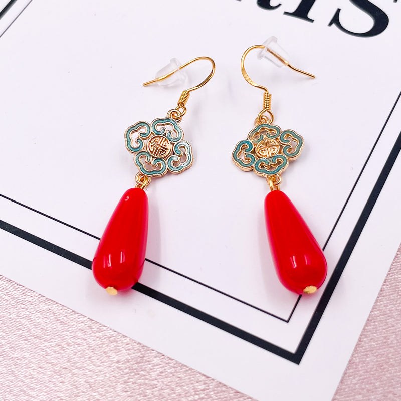 Red Drop with Blue Enamel Earrings