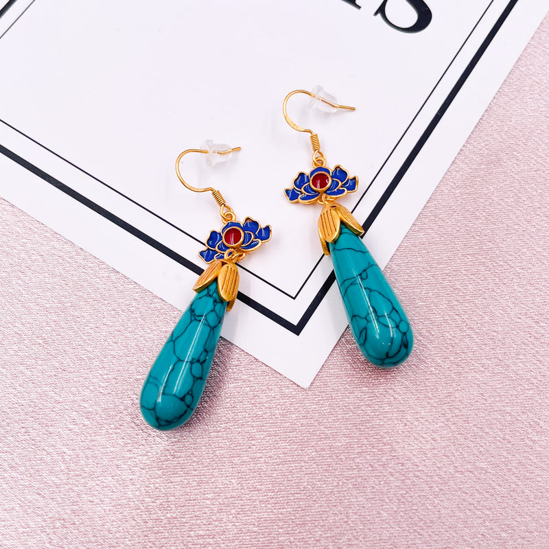 Turquoise Drop with Blue Enamel Lotus Earrings