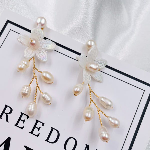 White Flower with Pearl Branch Long Earrings