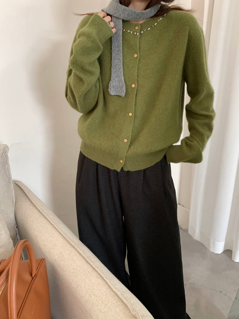 Beads Neckline Button Up Cardigan