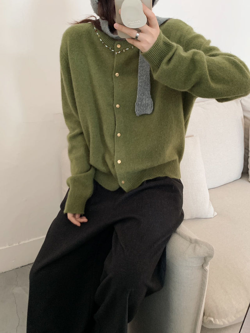 Beads Neckline Button Up Cardigan