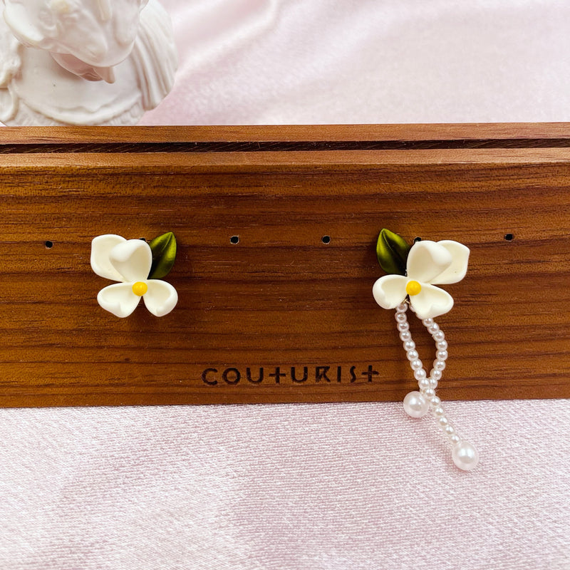 Asymmetrical Gardenia with Pearl Tassels Earrings