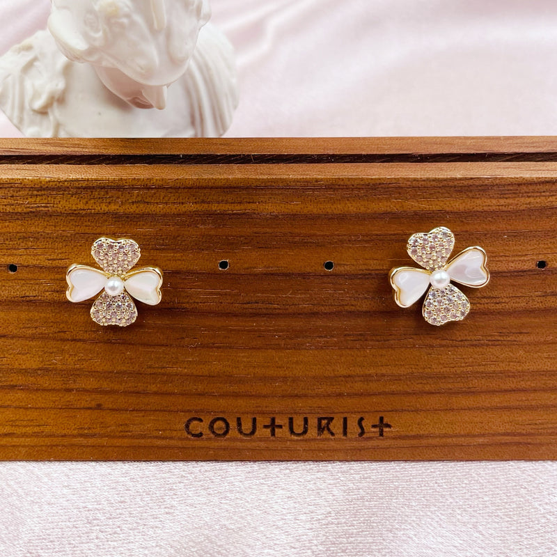 Clover with Rhinestones and Pearl Earrings