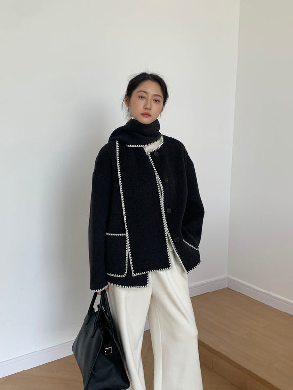 White Edges Oversized Wool Jacket with Scarf