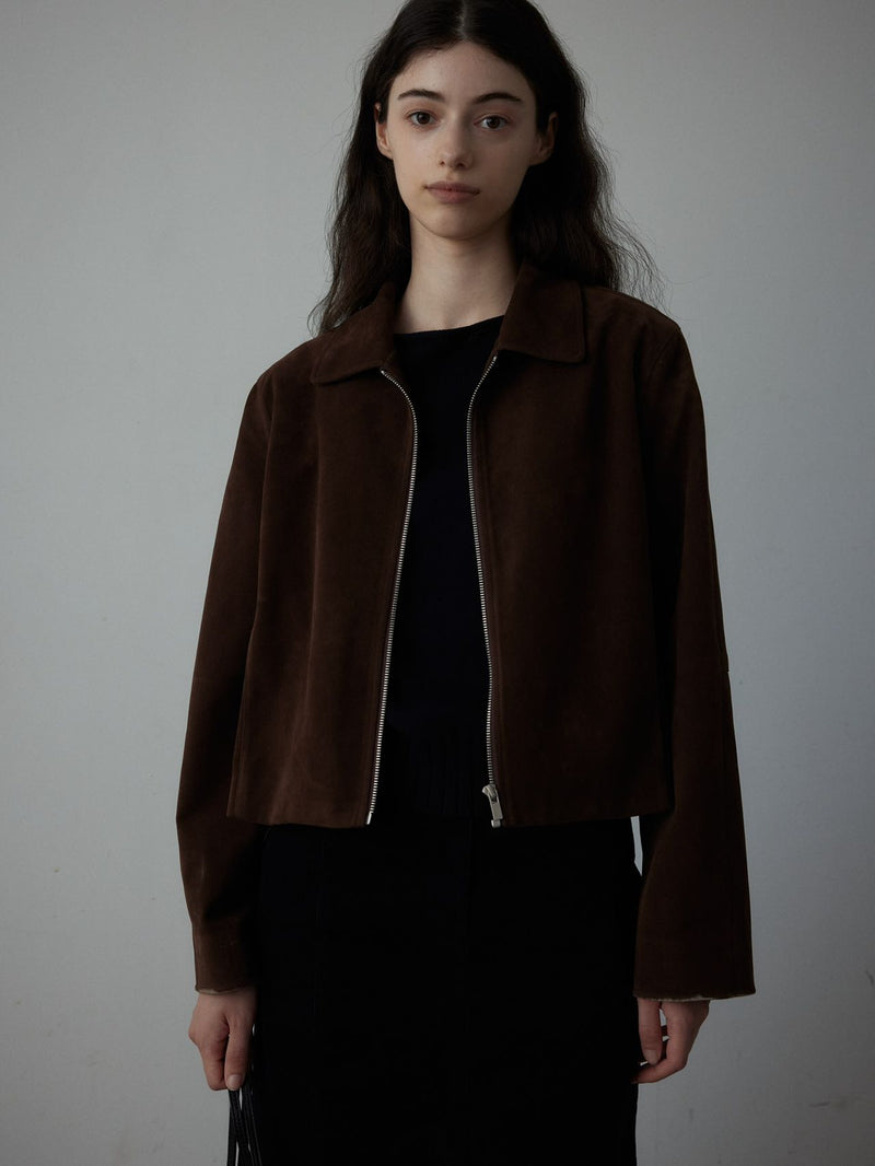 Suede Leather Slight Crop Zip-up Jacket