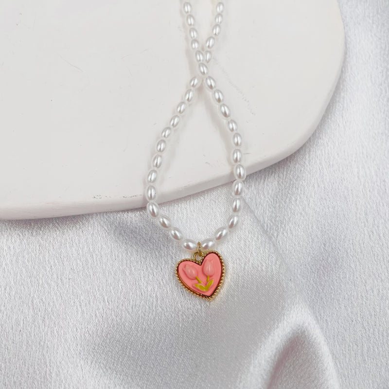 Pink Tulip Heart with Pearls Necklace