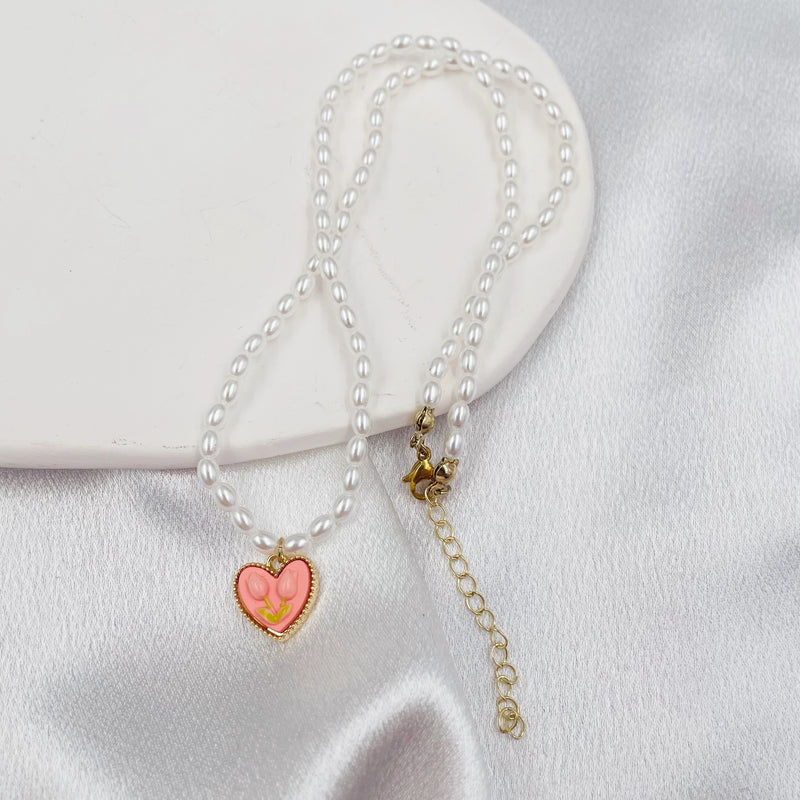Pink Tulip Heart with Pearls Necklace