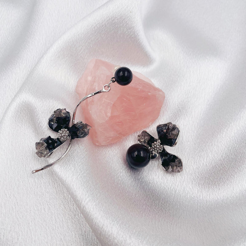 Asymmetrical Black Flower Earrings