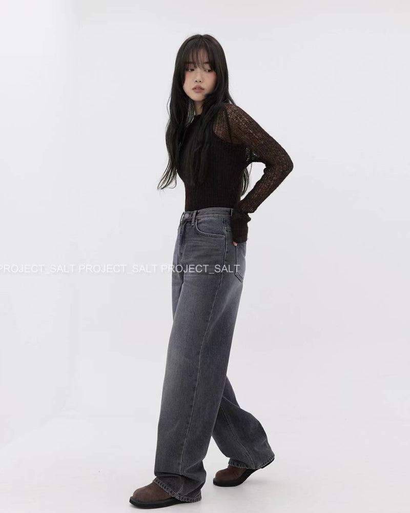 High-waisted Grey Wide Leg Jeans with Fleece Lining