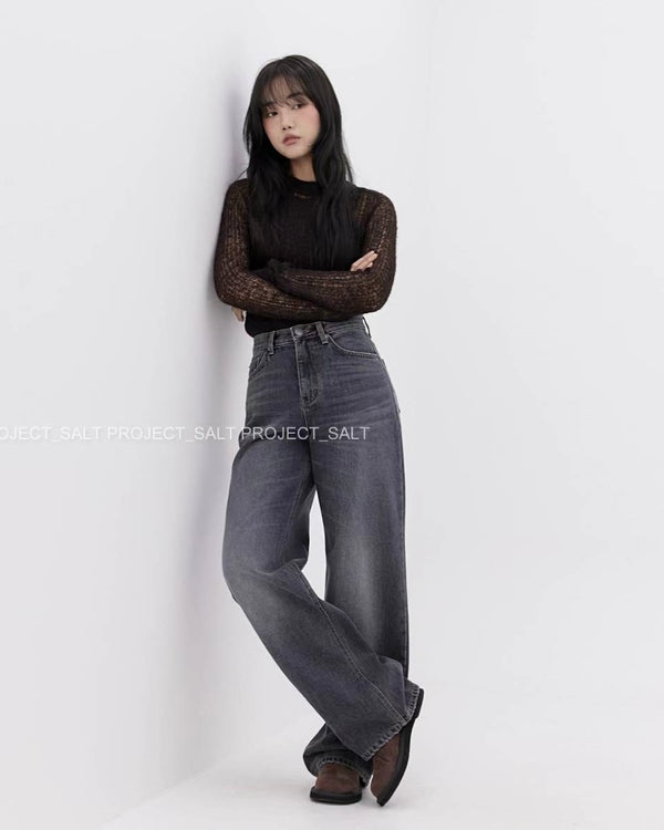 High-waisted Grey Wide Leg Jeans with Fleece Lining