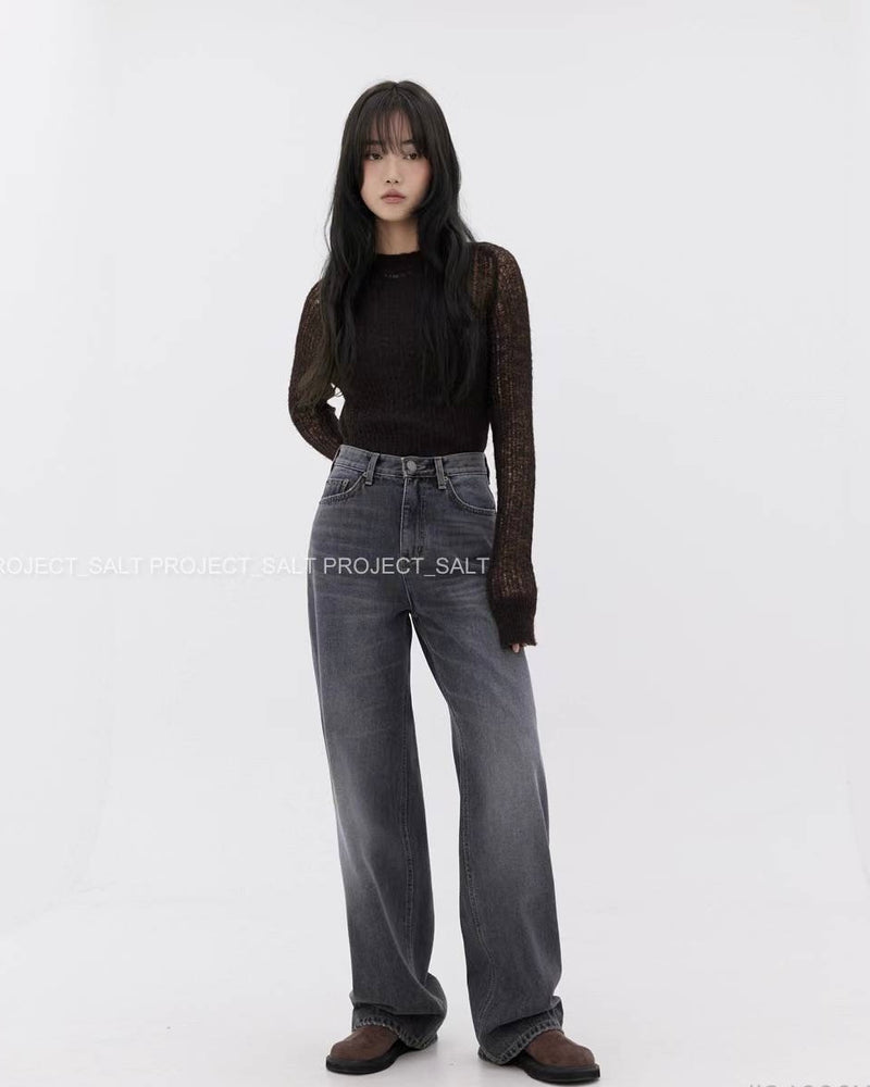 High-waisted Grey Wide Leg Jeans with Fleece Lining